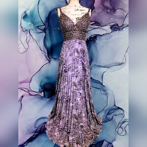 Tony Bowls La Gala Purple Leopard Pleated Maxi Gown